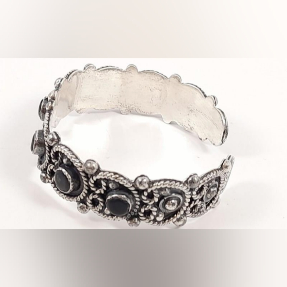 Southwest Mexico 925 Sterling Silver Onyx Cuff Vintage Bracelet - Picture 2 of 12